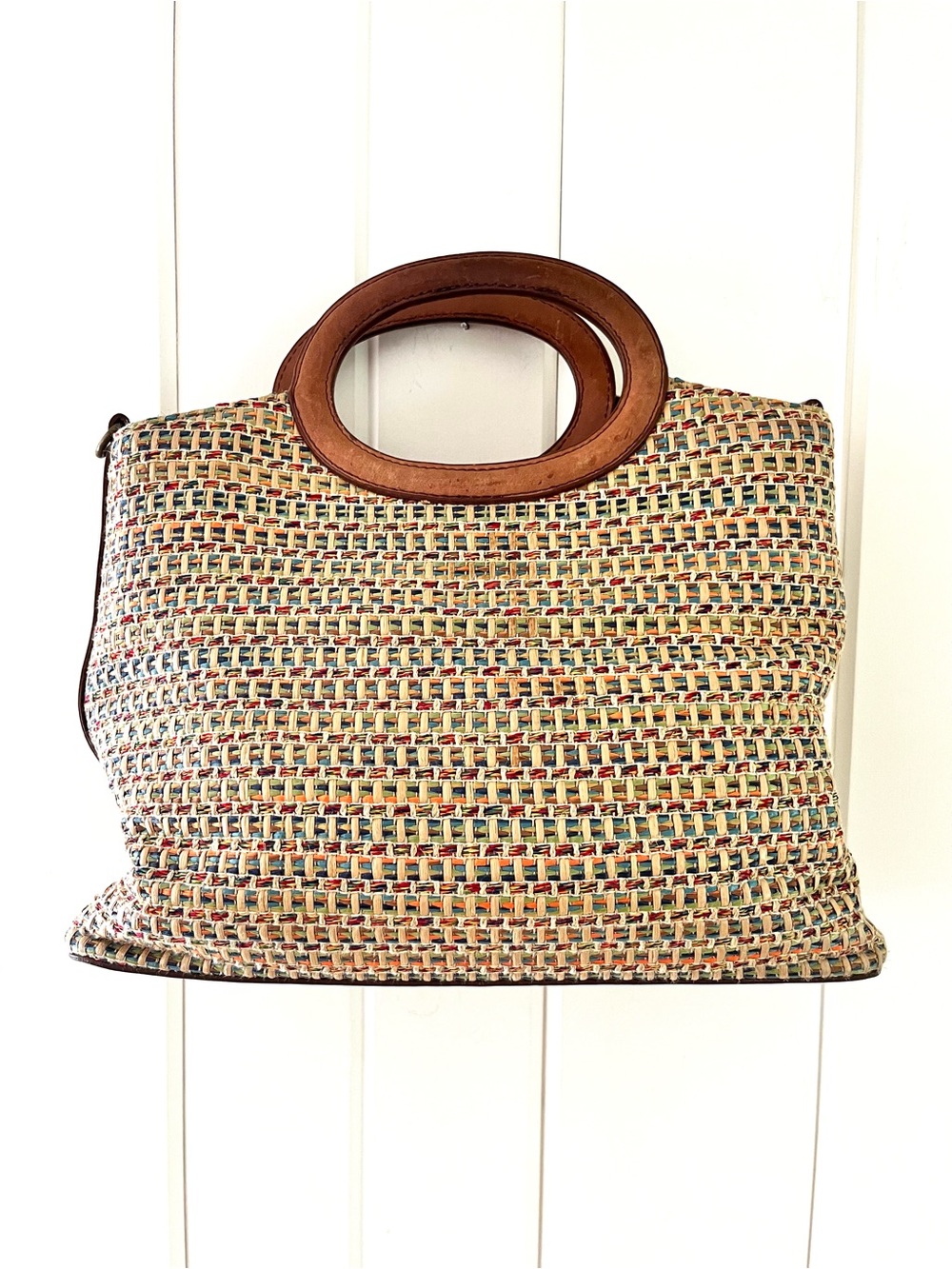 Fossil Vintage Multicolor Woven Straw Tote with Brown Leather Oval Handles